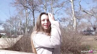 Barely legal, German sweetheart with big, firm melons is kneeling on the floor while sucking rod