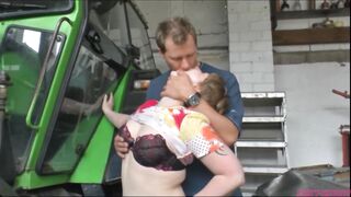 Bulky blonde woman is sucking a alternative hard jock and getting fucked in a garage