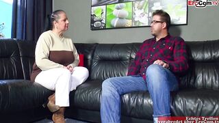 Obese German woman with big bazookas is about to get a ejaculation, from her new lover