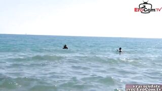 French blonde is having a steamy 3-some on the beach, with guys she has just met