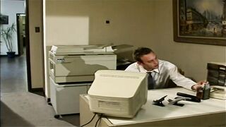 Stunning golden-haired woman, Savanna Samson is having sex while still at work and enjoying it