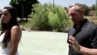 Slutty brunette with a nicely trimmed twat, Karlee Grey is having sex with her step- father