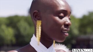 Shaved, Ebony model, Zaawaadi is sucking a hard, white schlong before riding it like a pro