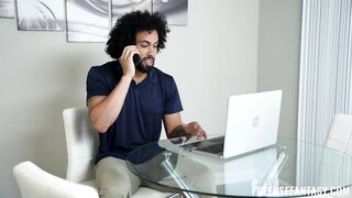 Blue- eyed blonde, Blake Blossom is sucking a big, black dong before having interracial sex