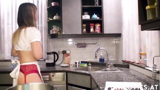 Enchanting golden-haired hottie Sissiemaus taking two dicks in the kitchen