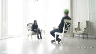 Psychologist in the darkness. Jeny Smith teasing a stud. Real situation. Blindfold