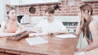 Milka A and Altera Pars are having a casual 3-some in the kitchen, in the late afternoon