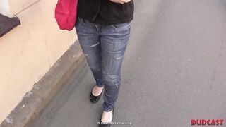 Sweet golden-haired girl with small bazookas is about to make her first porn episode for money