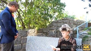 Mature blonde woman lets a younger man lick her nipps and vagina, before having sex with him