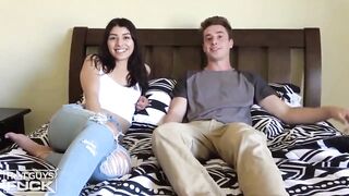 Petite titted teen brunette and a chap who isn't her boyfriend are banging in his bedroom