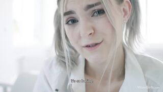 Pigtailed golden-haired teen is giving a blow job fun to her handsome teacher, in advance of getting screwed from behind