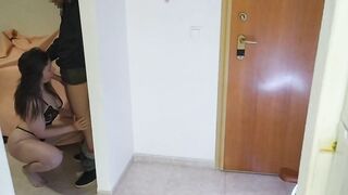 Wife screws the delivery chap while the husband watches. Cuckold fucks after