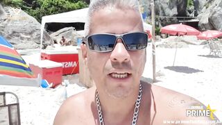 Busty mature, Mirela Mansur is about to satisfy many lascivious guys on the beach, during the day