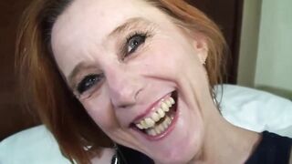 Older redhead with a perfectly shaved twat is having anal invasion and enjoying it a lot