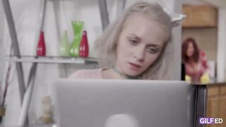 Red haired milf with big bazookas is wearing black stockings during the time that having sex with a younger dude