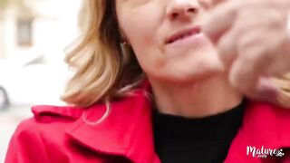 Older blonde woman, Naomi is wearing erotic, black stockings and garter belt while getting banged