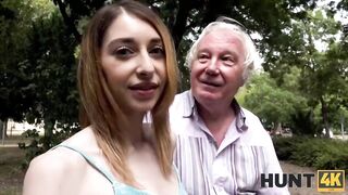 Lana Bunny is sucking and riding her neighbor's hard penis, whilst her elderly husband is watching