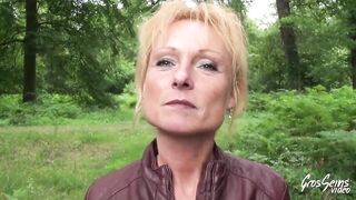 Mature blonde woman, Mendy is having casual sex in the nature, with a group of horny lads