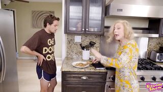 Valuable looking, older blond took off her suit and had sex with a much younger dude