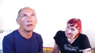 Red haired granny likes to have sex in a doggy- style position, until she cums