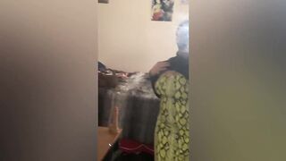 Ebony maid fucks dildo and cums in front of masturbating boss