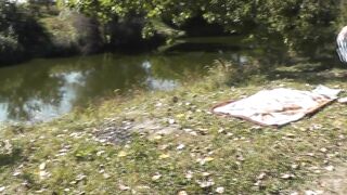 Stripped wife Mother I'd Like To Bang masturbates by river in nature. Powerful orgasm nude woman Shaggy twat golden-haired closeup