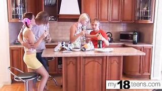 Barely legal girls are having a casual foursome with friends and eating some new cum