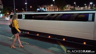 Petite golden-haired chick is about to get over hereto a giant limo and get group-screwed by black guys