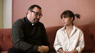 Charming teen brunette with pigtails is about to have casual sex with a local priest