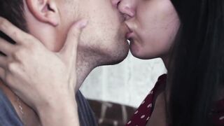 Long kissing with sexy stepsister while wife is not at home