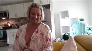 Busty mommy is sucking her step- son's cock as deep as this hottie can and getting screwed hard