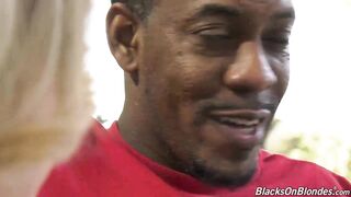 Riley is sucking a big, black jock while getting banged from the back, on the couch