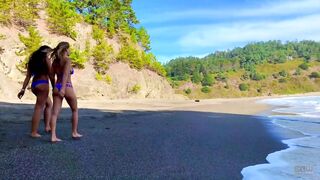 trio on a beach with hot blonde and hot brunette and sexy chap