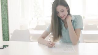 Slim teen brunette with small bazookas is getting banged from the back on the kitchen table