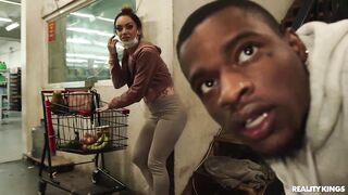 Leila Larocco is sucking a big, black cock in the grocery shop, in advance of riding it
