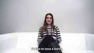 Ambitious Czech brunette with big bazookas is about to get banged during a porn video casting