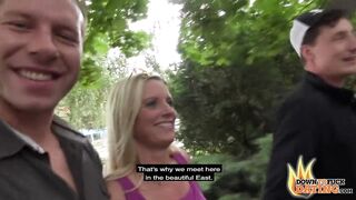 PublicSexDate - Hot Golden-Haired MILF Slutty Tina Swallows 2 Shafts Next To Busy Street