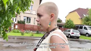 Shaved sweetheart is sucking a random, hard ramrod for cash and getting screwed from the back