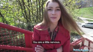 Public Agent Nervous looking woman sucks and fucks penis through a gloryhole