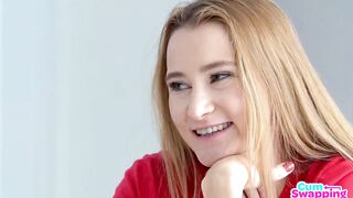 two golden-haired girls are having a casual, ffm 3-some in the middle of the day