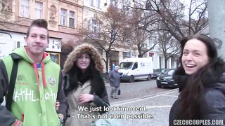 Czech brunette is having a casual 3-some with friends in the middle of the day