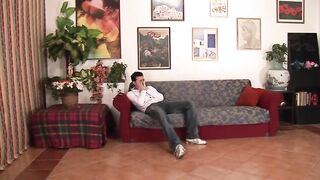 Lascivious Italian aged with natural breasts is having sex with a younger guy and enjoying it