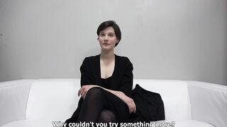 Short haired brunette is about to make her first porn video and earn some cash