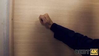 DEBT4k. three adorable cuties lured into foursome with debt collector