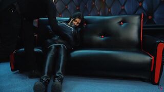 Brunette hair Hair in black, leather pants got fastened up tight, by a masked guy, the other day