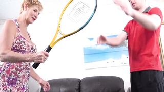 Short haired older with big melons gave a deep oral-job to her younger neighbor, in advance of screwing him