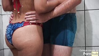 Dry humping in soaked raiment, handjob cum in pants in the shower