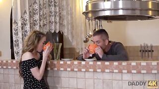 Russian golden-haired teen with tiny breasts is screwing an older guy and moaning from enjoyment whilst cumming