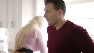 Stunning golden-haired aged with big, firm melons is having hardcore sex in the kitchen, during the day