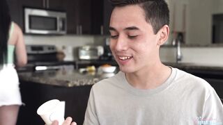 Seductive brunette with natural tits is rubbing her clit while getting drilled from the back